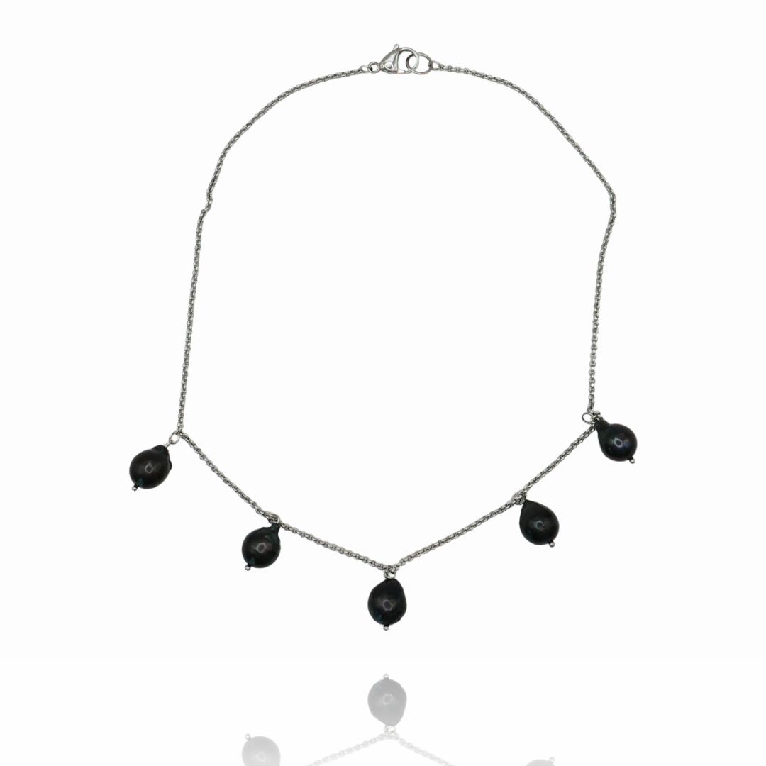 roka-collar-cadena-perlas-barrocas-negras-acero-plateado